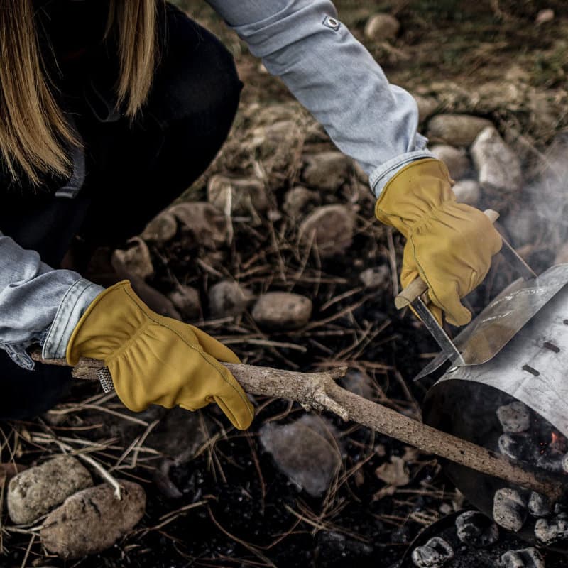 Classic Work Gloves by Barebones - yellow gloves in use