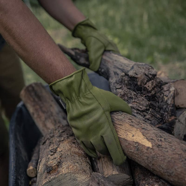 Classic Work Gloves by Barebones - olive gloves in use