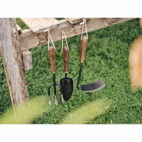 Square Garden Hand Hoe by Barebones - hanging with other garden tools