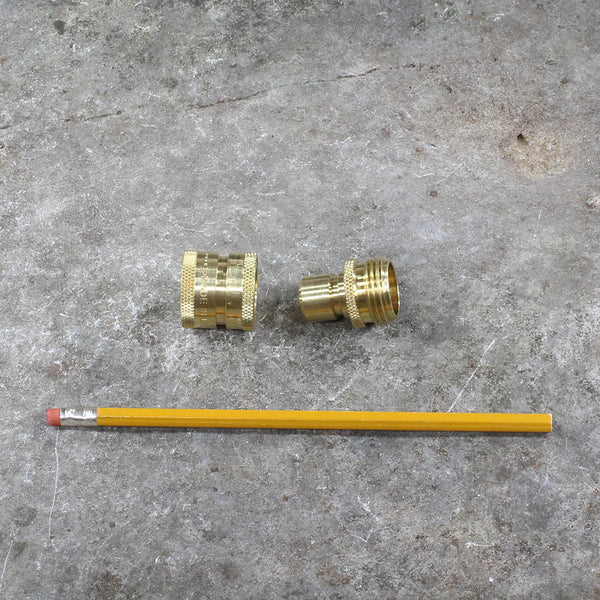 Brass Garden Hose Quick Connectors by Dramm - size comparison