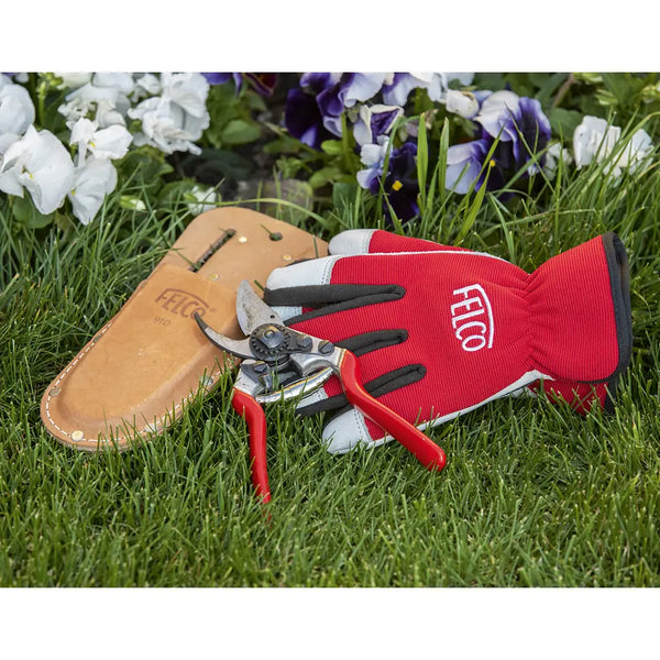 Leather & Spandex Gloves by Felco - in grass with pruners