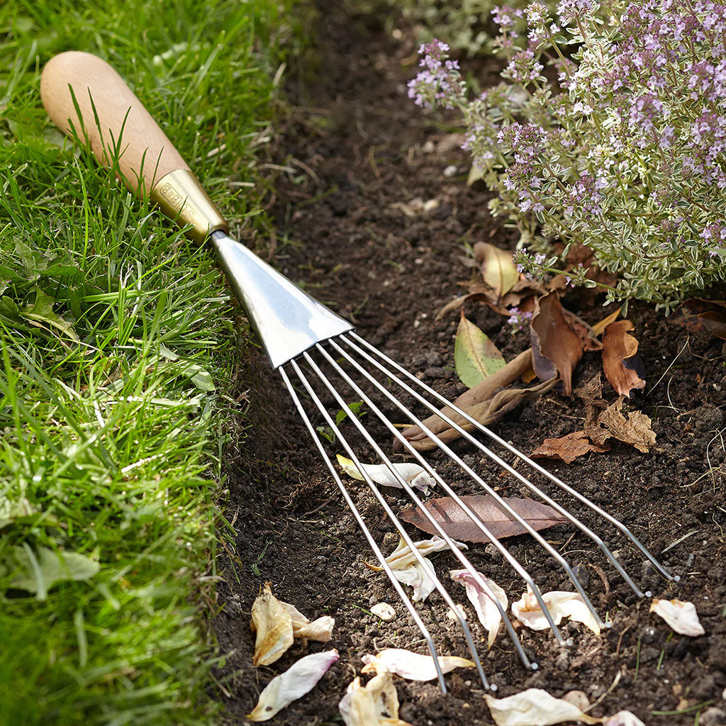 Sophie Conran Hand Leaf Rake by Burgon & Ball in garden