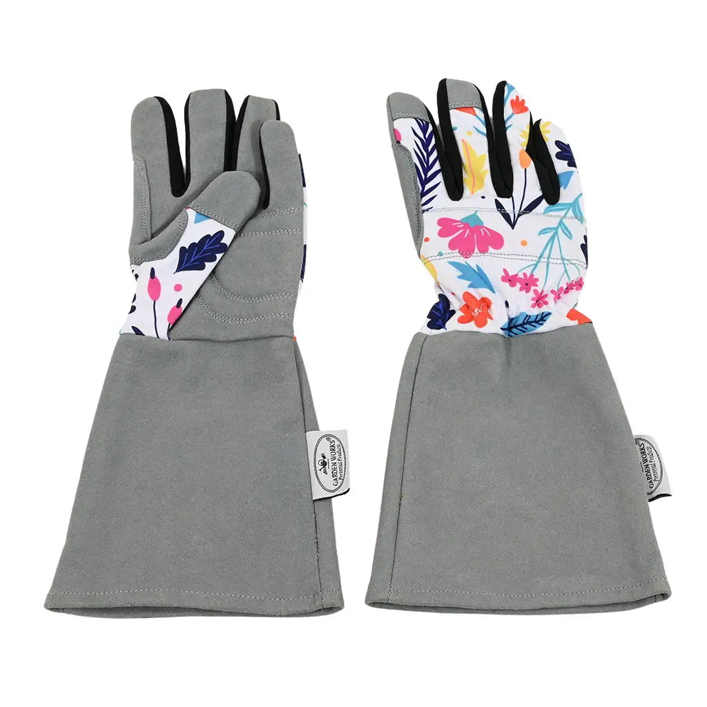 Spring Fling Gauntlet Garden Gloves - front and back view